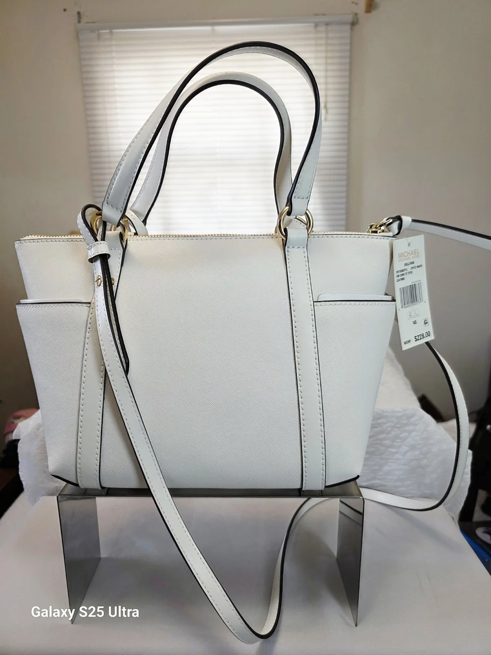 Michael Kors Sullivan Small Saffiano Leather Top-Zip Tote Bag In Optic White
